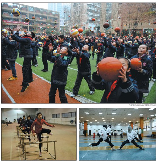 Pictured are students at Youfu Xijie Primary School (top) in Nanjing, capital of Jiangsu province, which is believed to be the cradle of the city??s volleyball players, as well as youngsters at Nanjing Sports School (bottom left, right) during training sessions. [CHINA DAILY]