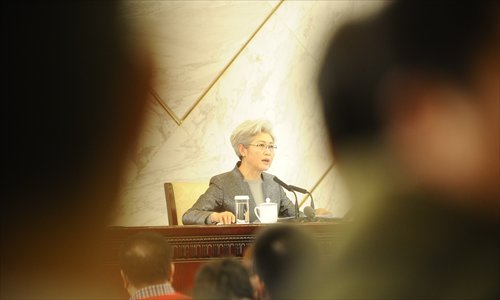 Fu Ying, spokeswoman with the Third session of the 12th National People's Congress, answers questions from reporters at a Wednesday press conference in Beijing. (Photo: GT/Li Qian)