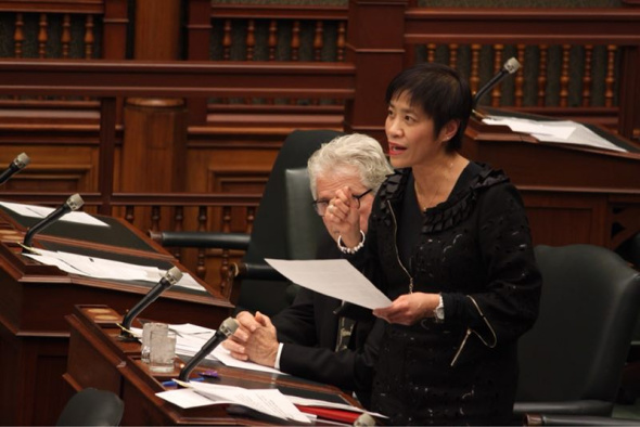 Soo Wong, MPP for Scarborough- Agincourt, reintroduces a Private Member��s Bill for the Nanjing Massacre Commemorative Day Act in the Ontario legislature on Monday in Toronto. (Photo by Rena Li/China Daily)