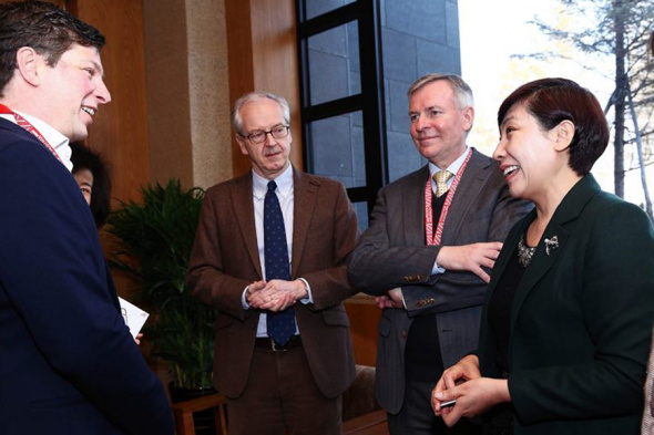Gai Dongping (1st right), vice-mayor of municipal government of Jilin, Austria��s Ambassador to China Friedrich Stift (2nd right), and Martin Glatz, head of Advantage Austria Beijing and commercial counselor at the Austrian embassy in Beijing (2nd left), attend the Austrian Winter Sports Days 2018 Conference held in Jilin city, Jilin province, Feb 2, 2018.  ��Photo provided to chinadaily.com.cn��