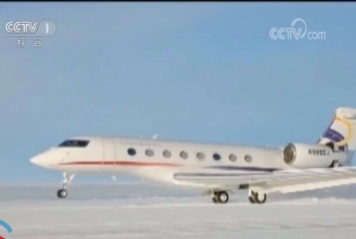 A video capture from CCTV shows China's first commercial aircraft landing on the Antarctic on Dec 16, 2017.